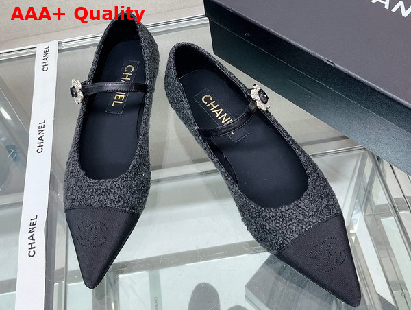 Chanel Ballet Flat in Black Tweed with Black Point Toe Replica