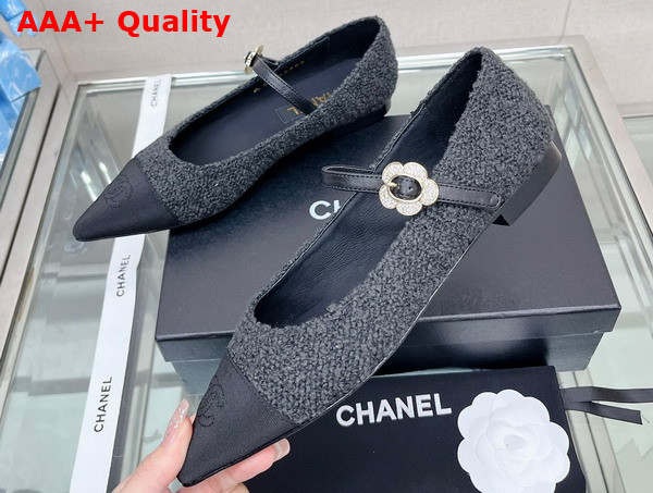 Chanel Ballet Flat in Black Tweed with Black Point Toe Replica