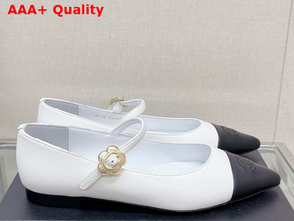 Chanel Ballet Flat in White Lambskin with Black Point Toe Replica