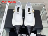 Chanel Ballet Flat in White Lambskin with Black Point Toe Replica