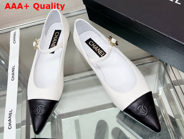 Chanel Ballet Flat in White Lambskin with Black Point Toe Replica