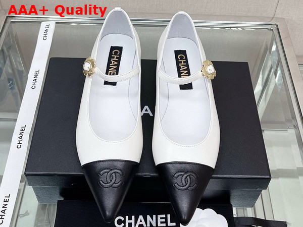 Chanel Ballet Flat in White Lambskin with Black Point Toe Replica