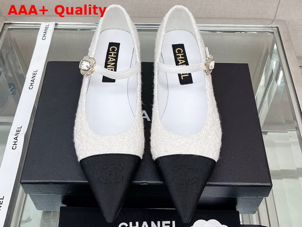 Chanel Ballet Flat in White Tweed with Black Point Toe Replica