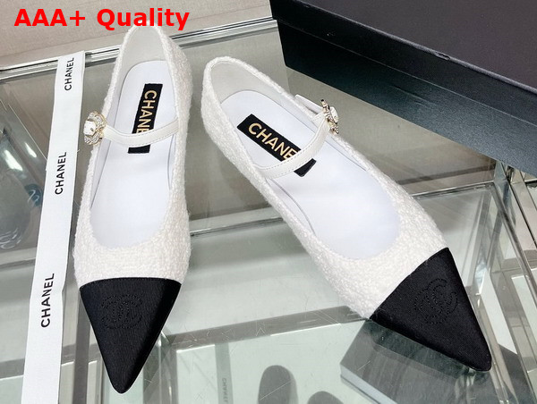 Chanel Ballet Flat in White Tweed with Black Point Toe Replica