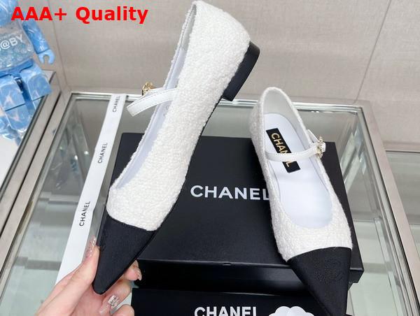 Chanel Ballet Flat in White Tweed with Black Point Toe Replica