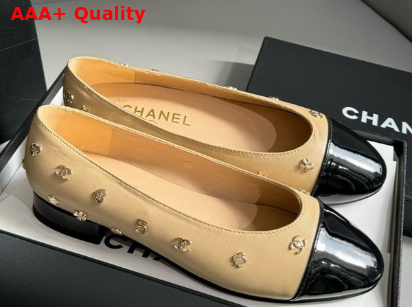 Chanel Ballet Flats in Beige Lambskin and Black Patent Calfskin with Allover Chanel Monogram Metals Replica