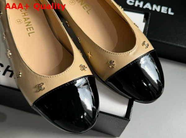 Chanel Ballet Flats in Beige Lambskin and Black Patent Calfskin with Allover Chanel Monogram Metals Replica