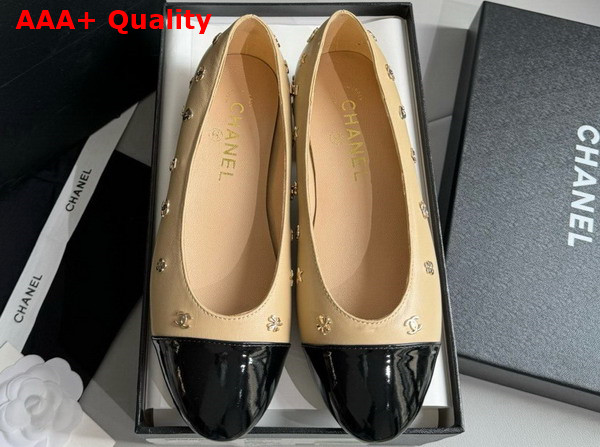 Chanel Ballet Flats in Beige Lambskin and Black Patent Calfskin with Allover Chanel Monogram Metals Replica