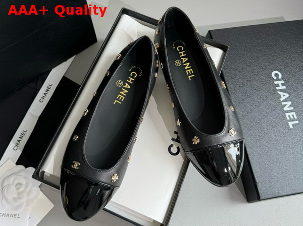 Chanel Ballet Flats in Black Lambskin and Patent Calfskin with Allover Chanel Monogram Metals Replica