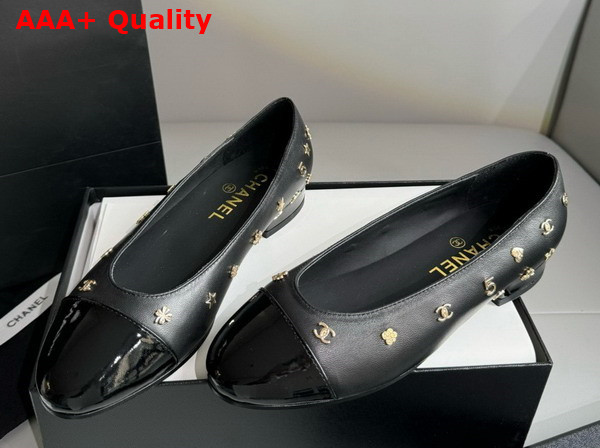 Chanel Ballet Flats in Black Lambskin and Patent Calfskin with Allover Chanel Monogram Metals Replica