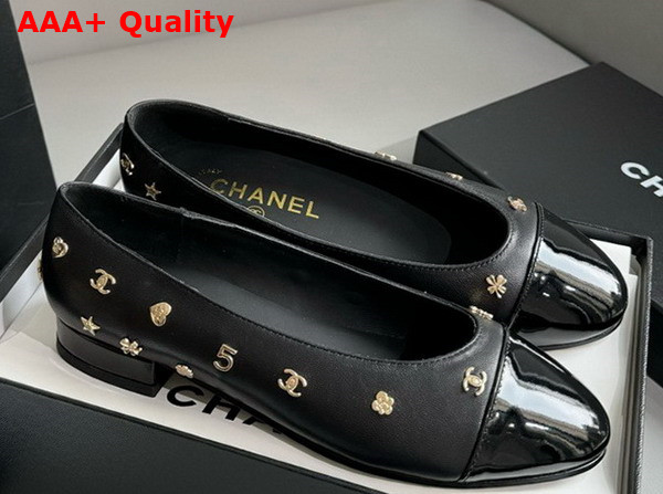 Chanel Ballet Flats in Black Lambskin and Patent Calfskin with Allover Chanel Monogram Metals Replica