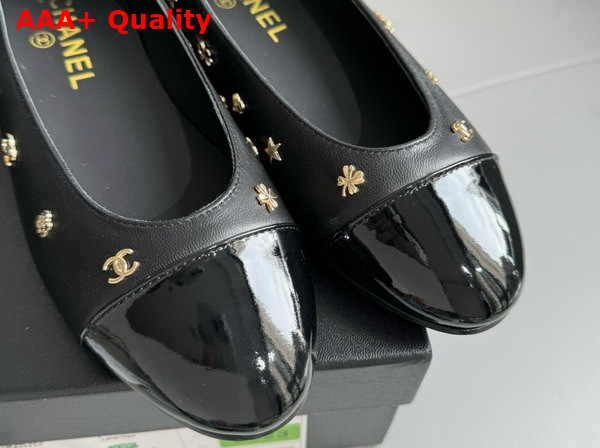 Chanel Ballet Flats in Black Lambskin and Patent Calfskin with Allover Chanel Monogram Metals Replica