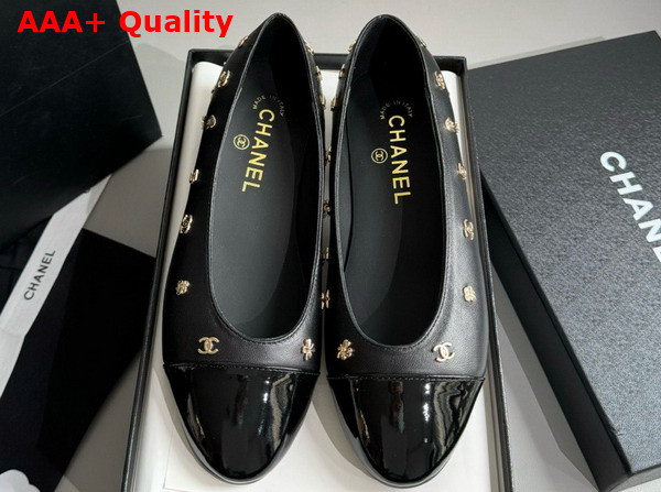 Chanel Ballet Flats in Black Lambskin and Patent Calfskin with Allover Chanel Monogram Metals Replica