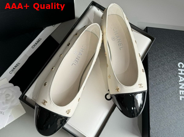 Chanel Ballet Flats in White Lambskin and Black Patent Calfskin with Allover Chanel Monogram Metals Replica