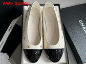 Chanel Ballet Flats in White Lambskin and Black Patent Calfskin with Allover Chanel Monogram Metals Replica