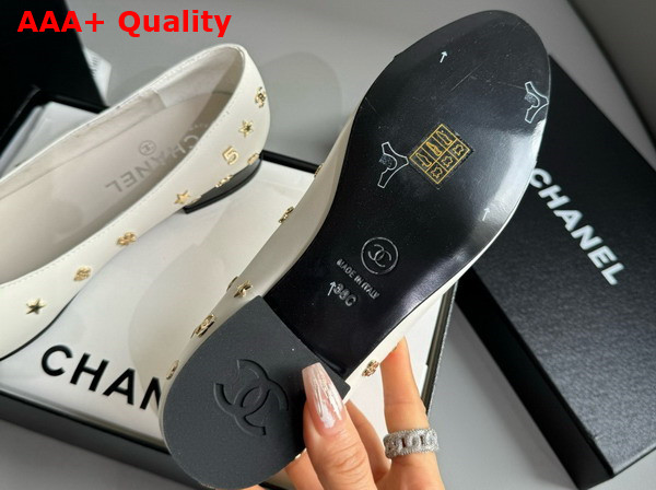 Chanel Ballet Flats in White Lambskin and Black Patent Calfskin with Allover Chanel Monogram Metals Replica