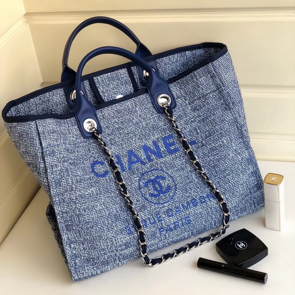 Chanel Beach Bag Blue Canvas and Calfskin