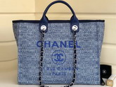 Chanel Beach Bag Blue Canvas and Calfskin