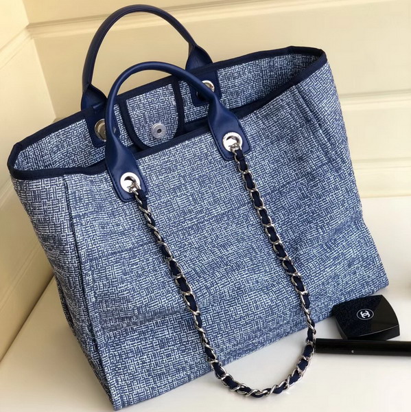 Chanel Beach Bag Blue Canvas and Calfskin