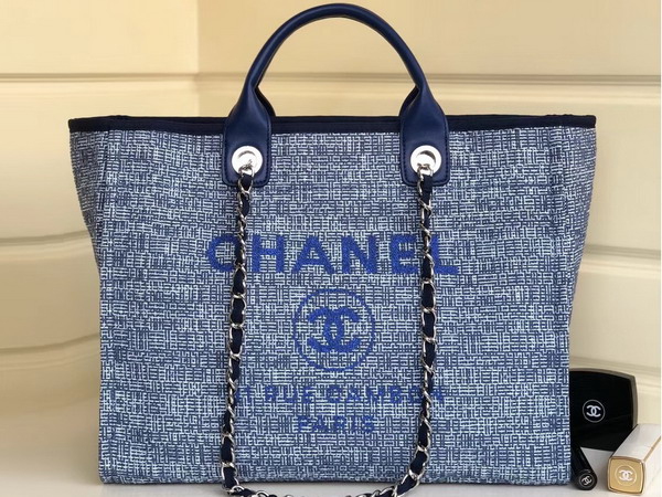 Chanel Beach Bag Blue Canvas and Calfskin