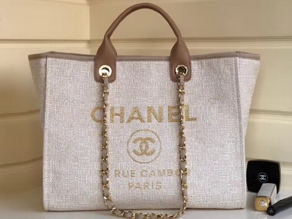 Chanel Beach Bag in Beige Canvas and Calfskin