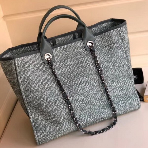 Chanel Beach Bag in Green Canvas and Calfskin