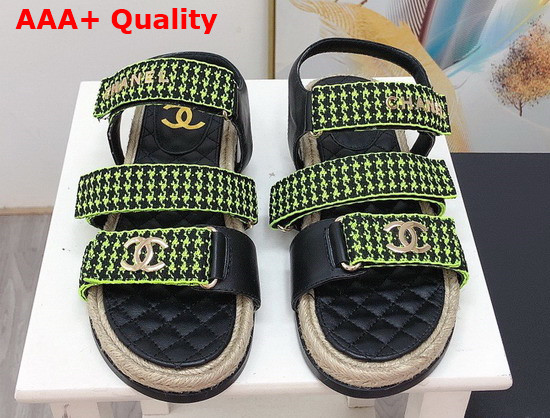 Chanel Beach Sandal Black Calfskin and Green Houndstooth Jacquard Canvas Replica