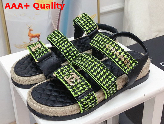 Chanel Beach Sandal Black Calfskin and Green Houndstooth Jacquard Canvas Replica