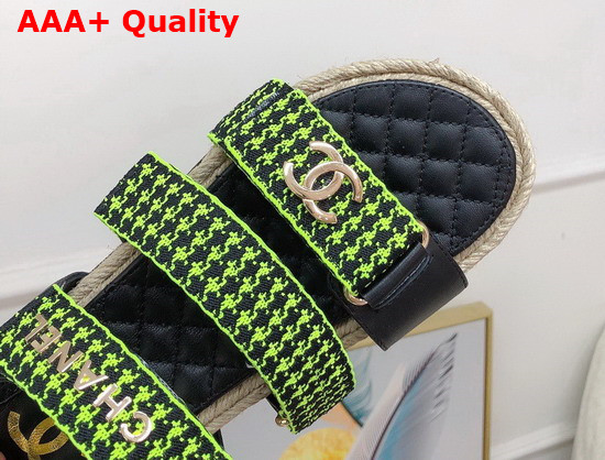 Chanel Beach Sandal Black Calfskin and Green Houndstooth Jacquard Canvas Replica