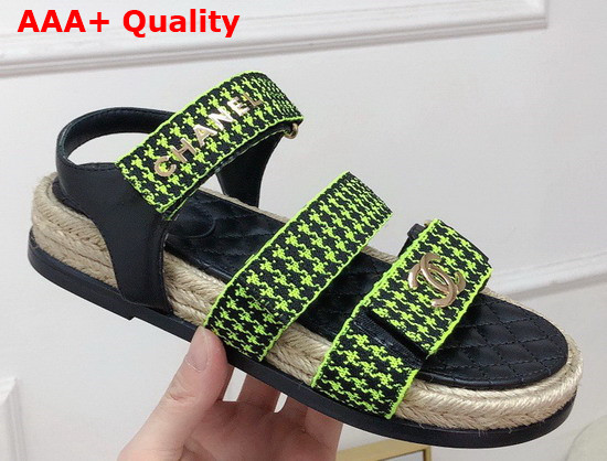 Chanel Beach Sandal Black Calfskin and Green Houndstooth Jacquard Canvas Replica