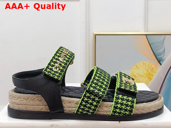 Chanel Beach Sandal Black Calfskin and Green Houndstooth Jacquard Canvas Replica