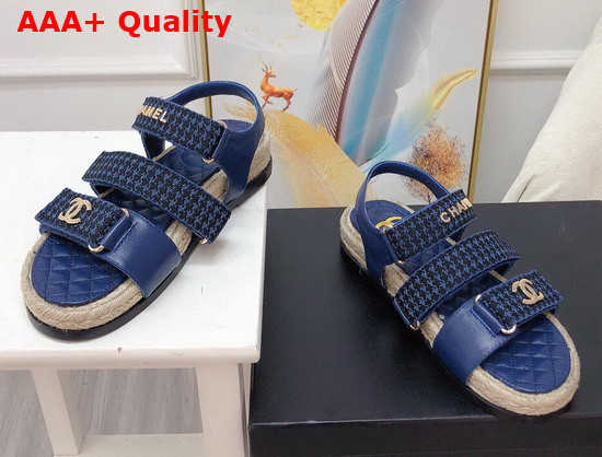 Chanel Beach Sandal Blue Calfskin and Houndstooth Jacquard Canvas Replica