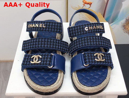 Chanel Beach Sandal Blue Calfskin and Houndstooth Jacquard Canvas Replica