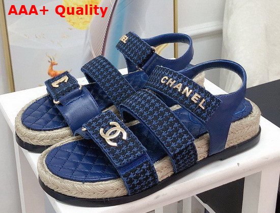 Chanel Beach Sandal Blue Calfskin and Houndstooth Jacquard Canvas Replica