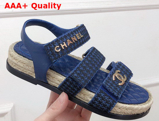 Chanel Beach Sandal Blue Calfskin and Houndstooth Jacquard Canvas Replica