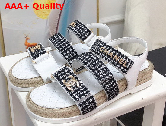 Chanel Beach Sandal White Calfskin and Black Houndstooth Jacquard Canvas Replica