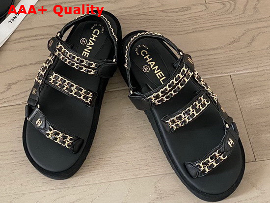 Chanel Beach Sandals in Black Lambskin with Gold Chain Details Replica