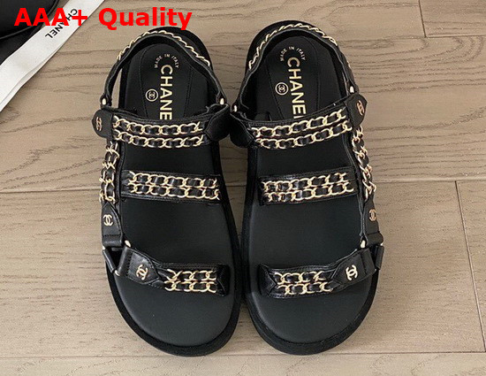 Chanel Beach Sandals in Black Lambskin with Gold Chain Details Replica