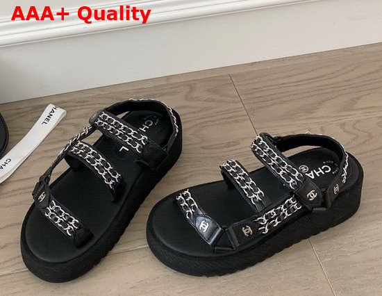 Chanel Beach Sandals in Black Lambskin with Silver Chain Details Replica