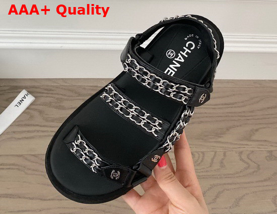 Chanel Beach Sandals in Black Lambskin with Silver Chain Details Replica