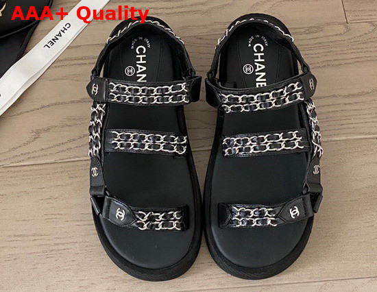 Chanel Beach Sandals in Black Lambskin with Silver Chain Details Replica