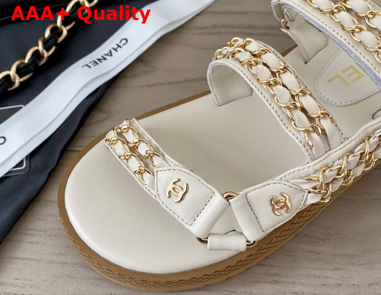 Chanel Beach Sandals in Ivory Lambskin with Gold Chain Details Replica