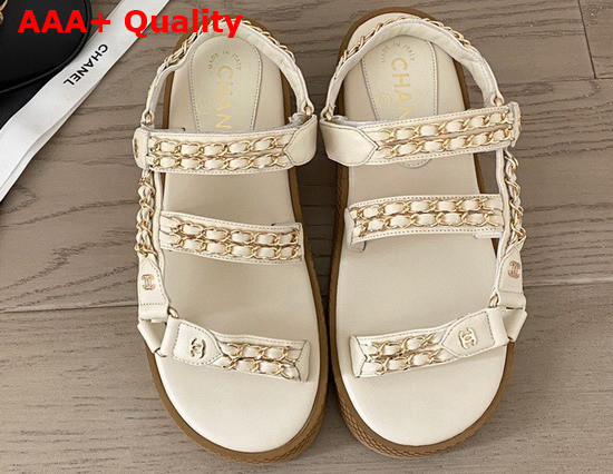 Chanel Beach Sandals in Ivory Lambskin with Gold Chain Details Replica