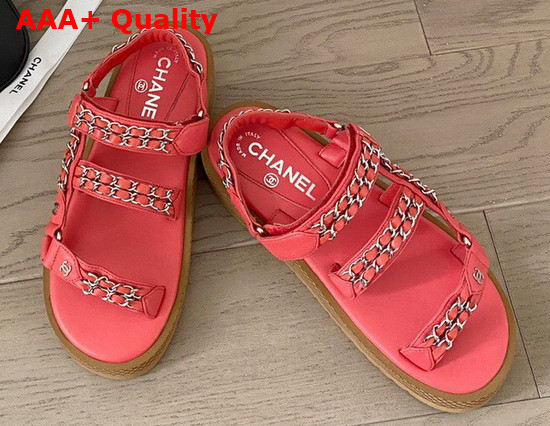 Chanel Beach Sandals in Pink Lambskin with Silver Chain Details Replica