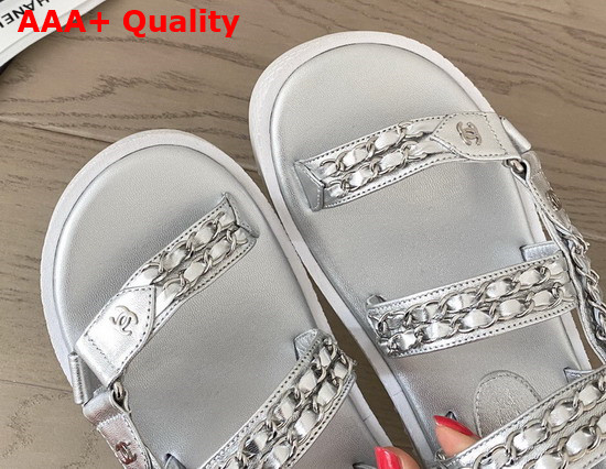 Chanel Beach Sandals in Silver Lambskin with Chain Details Replica