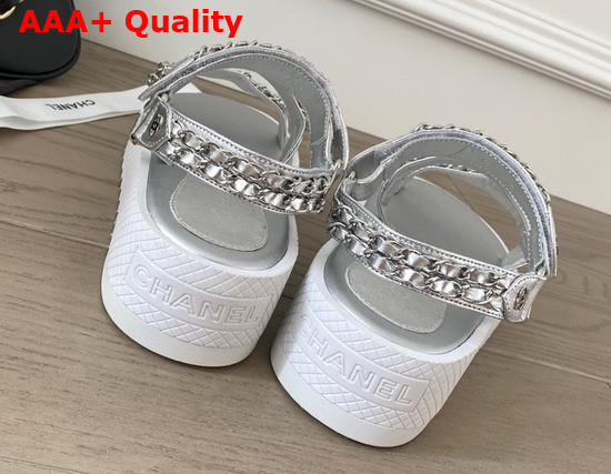 Chanel Beach Sandals in Silver Lambskin with Chain Details Replica