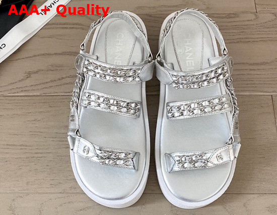 Chanel Beach Sandals in Silver Lambskin with Chain Details Replica