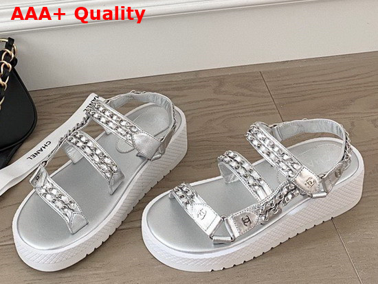 Chanel Beach Sandals in Silver Lambskin with Chain Details Replica