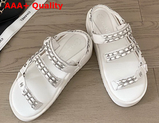 Chanel Beach Sandals in White Lambskin with Silver Chain Details Replica