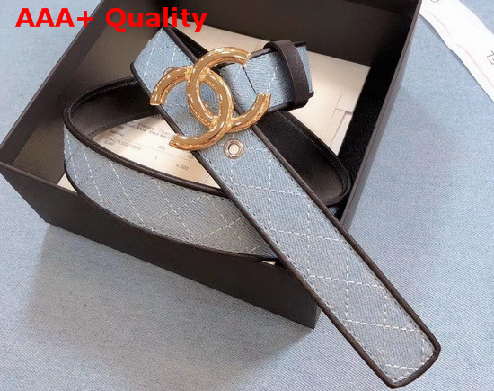 Chanel Belt Blue Denim and Black Calfskin Shiny Gold CC Buckle Replica